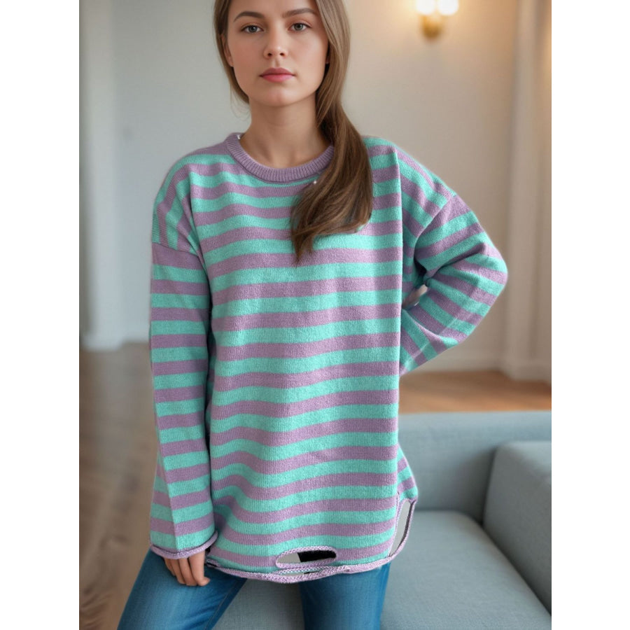 Distressed Striped Round Neck Long Sleeve Sweater Apparel and Accessories