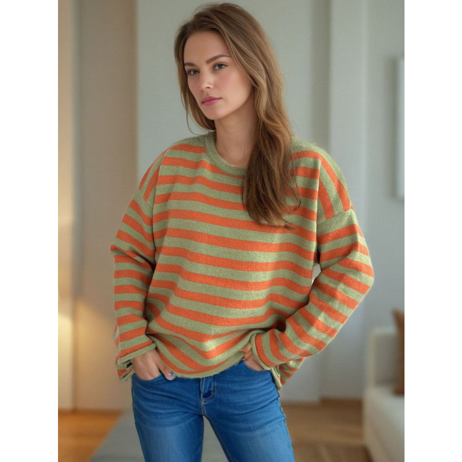 Distressed Striped Round Neck Long Sleeve Sweater Apparel and Accessories