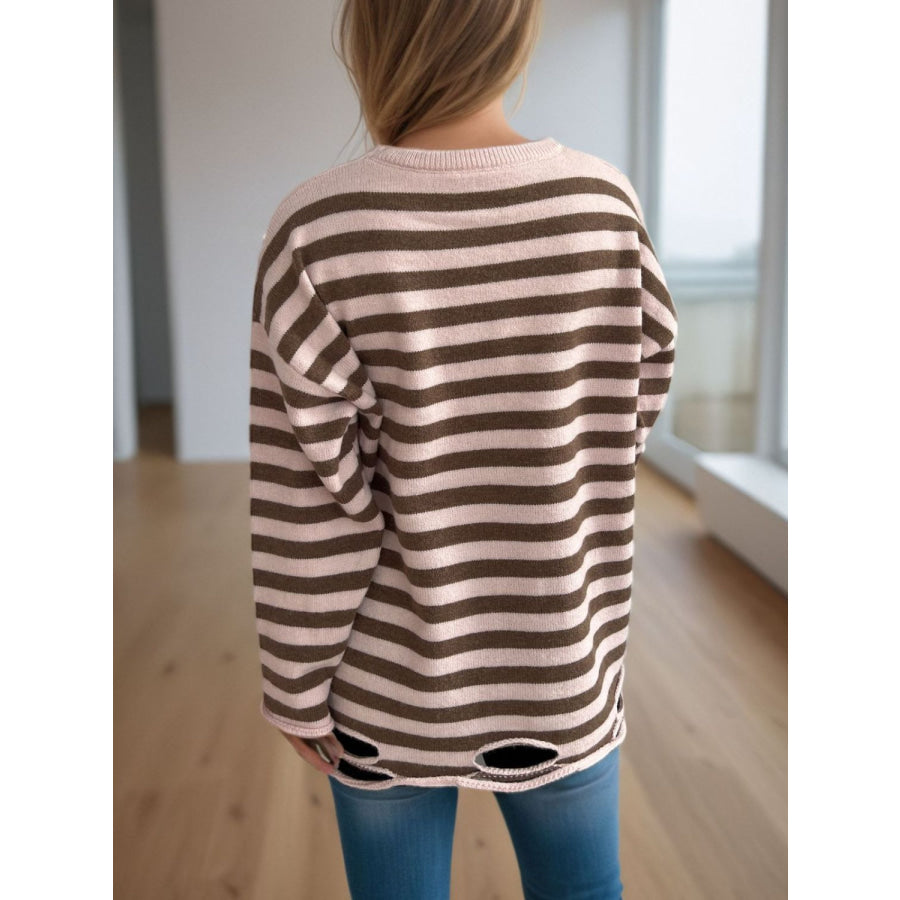 Distressed Striped Round Neck Long Sleeve Sweater Apparel and Accessories