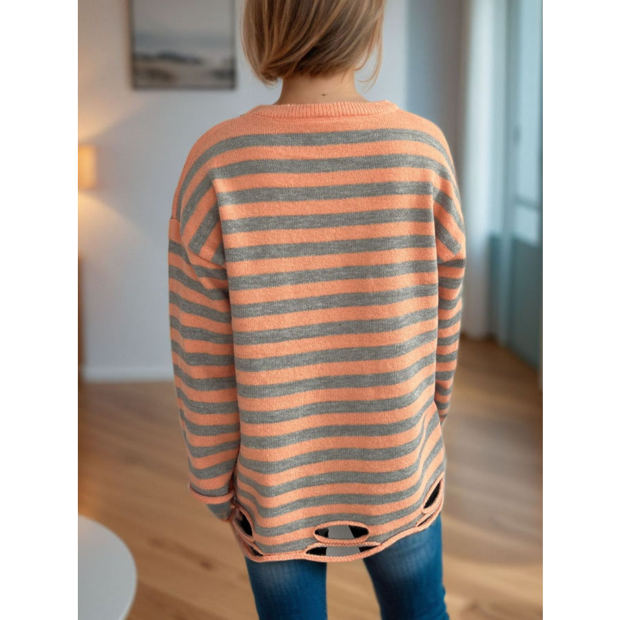 Distressed Striped Round Neck Long Sleeve Sweater Apparel and Accessories