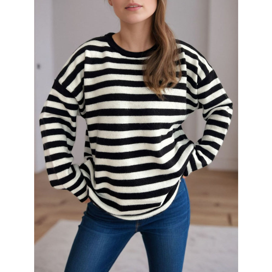 Distressed Striped Round Neck Long Sleeve Sweater Apparel and Accessories