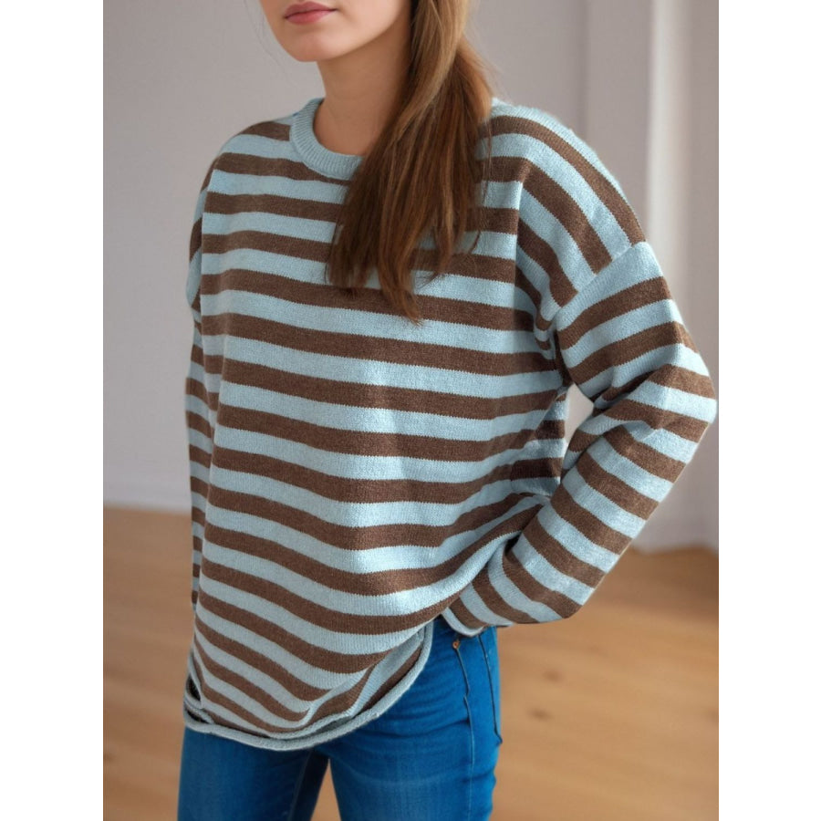 Distressed Striped Round Neck Long Sleeve Sweater Apparel and Accessories