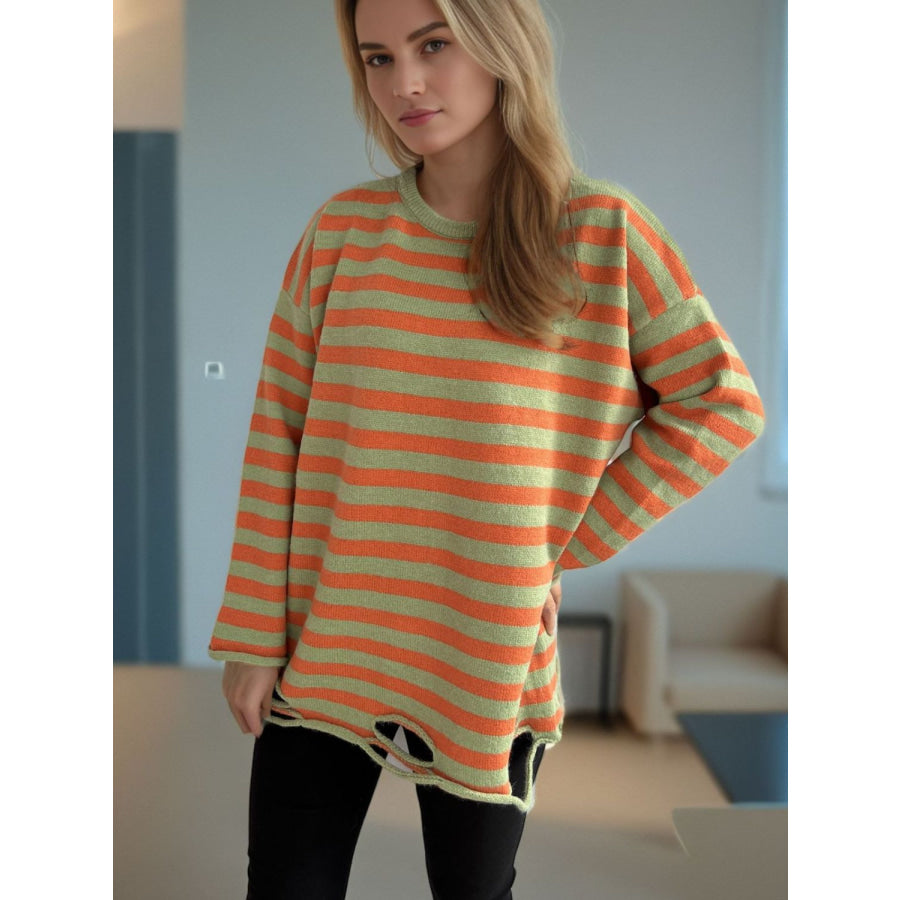 Distressed Striped Round Neck Long Sleeve Sweater Apparel and Accessories