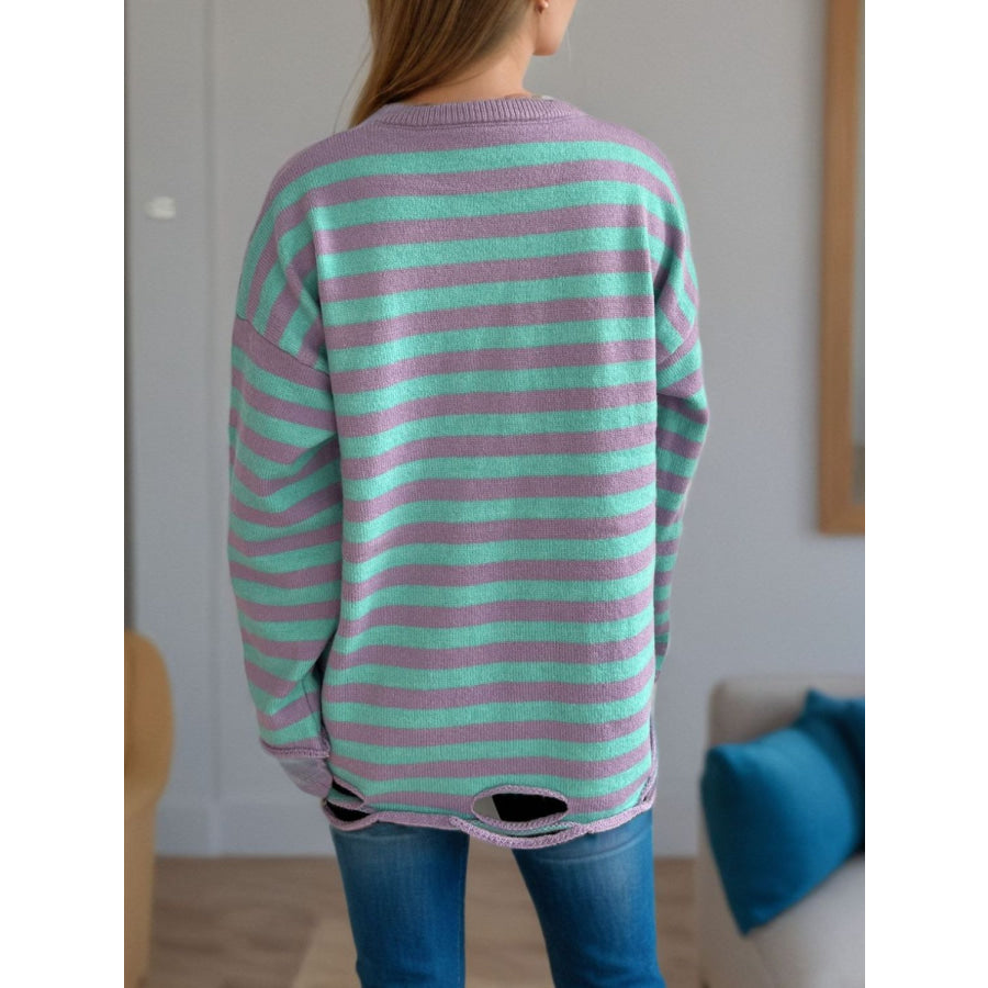 Distressed Striped Round Neck Long Sleeve Sweater Apparel and Accessories