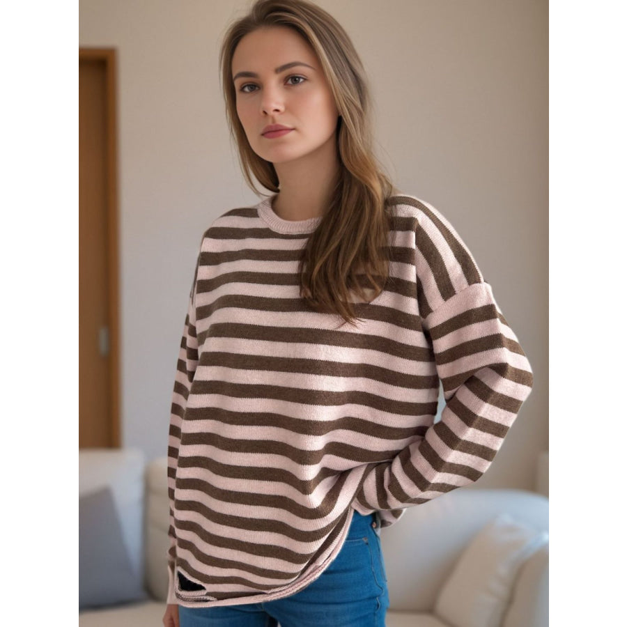 Distressed Striped Round Neck Long Sleeve Sweater Apparel and Accessories