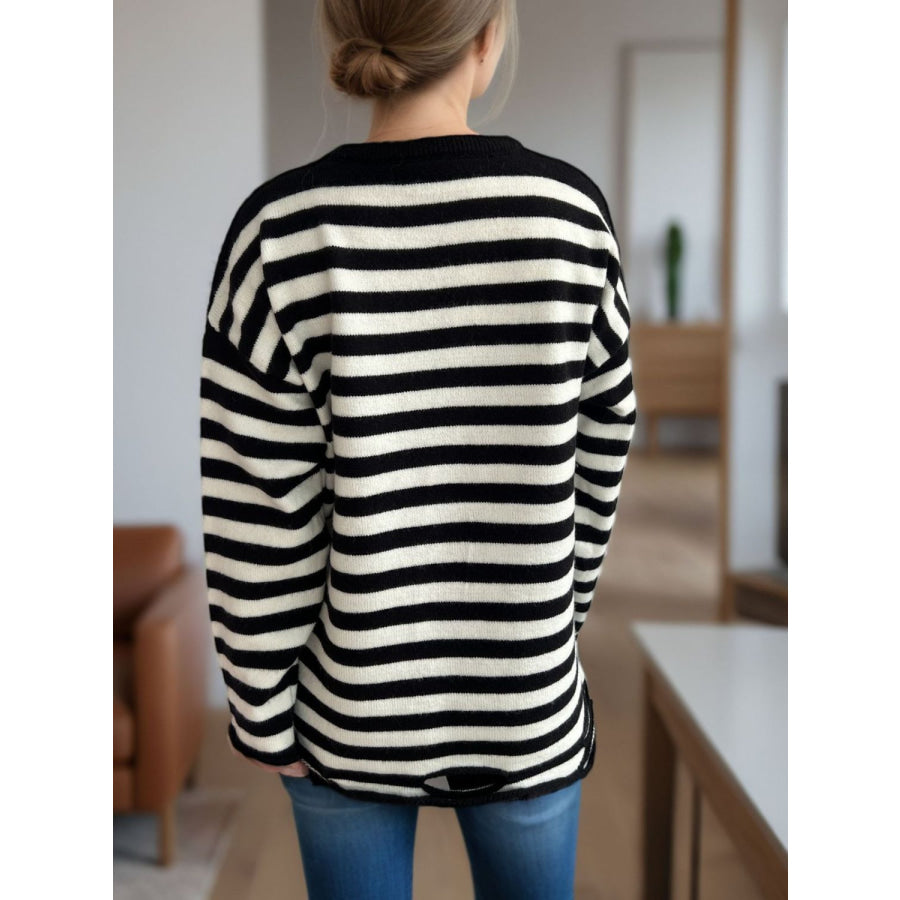 Distressed Striped Round Neck Long Sleeve Sweater Apparel and Accessories