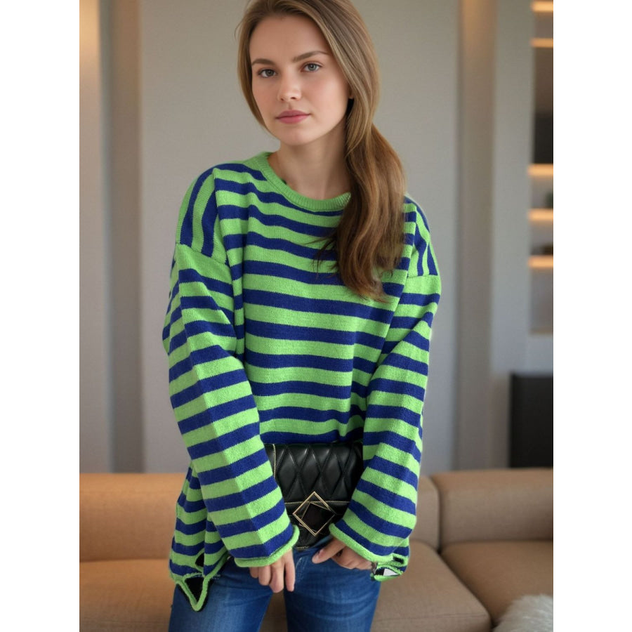 Distressed Striped Round Neck Long Sleeve Sweater Apparel and Accessories