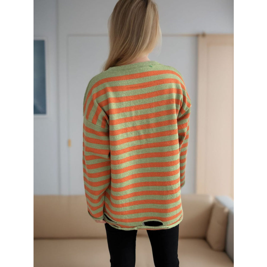 Distressed Striped Round Neck Long Sleeve Sweater Apparel and Accessories