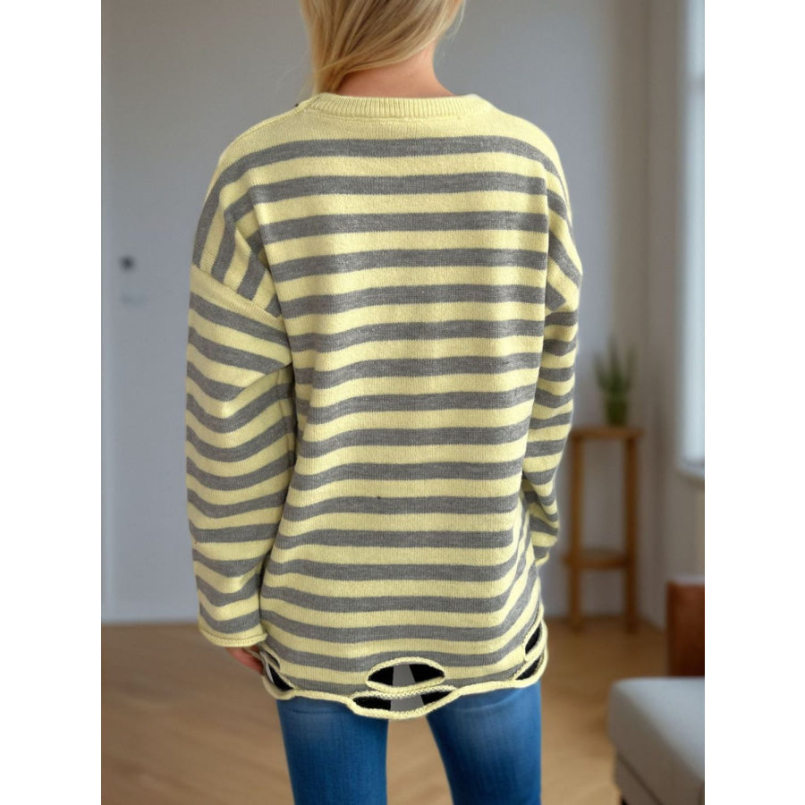 Distressed Striped Round Neck Long Sleeve Sweater Apparel and Accessories