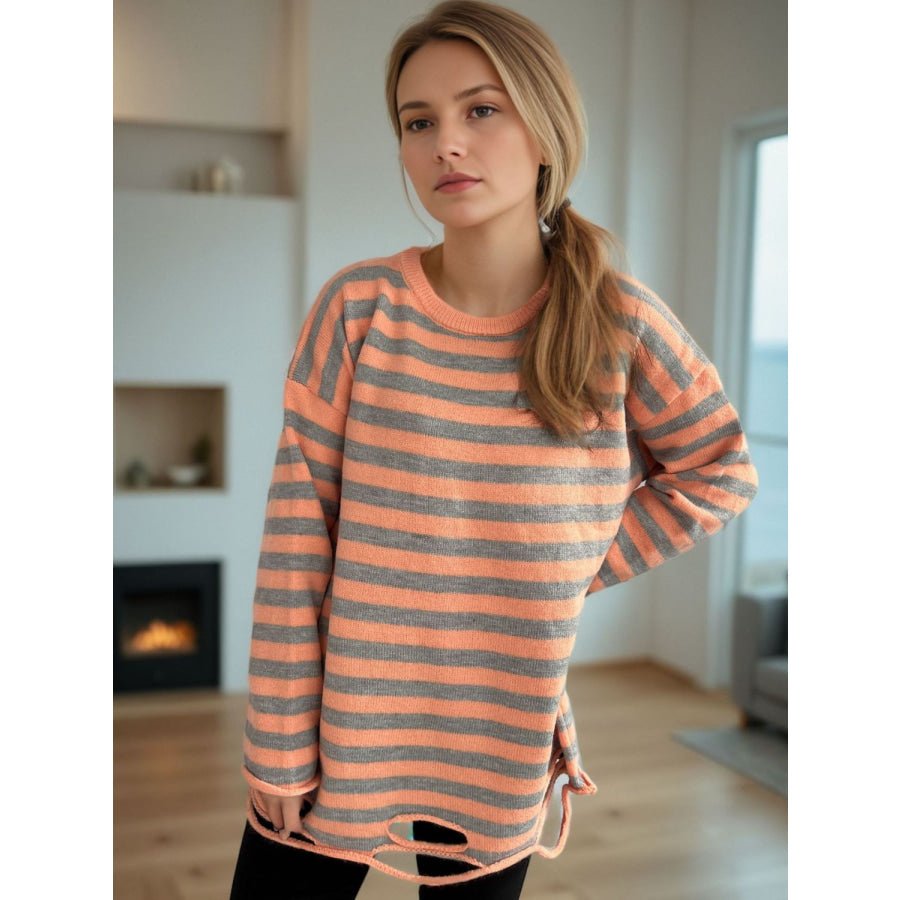 Distressed Striped Round Neck Long Sleeve Sweater Apparel and Accessories