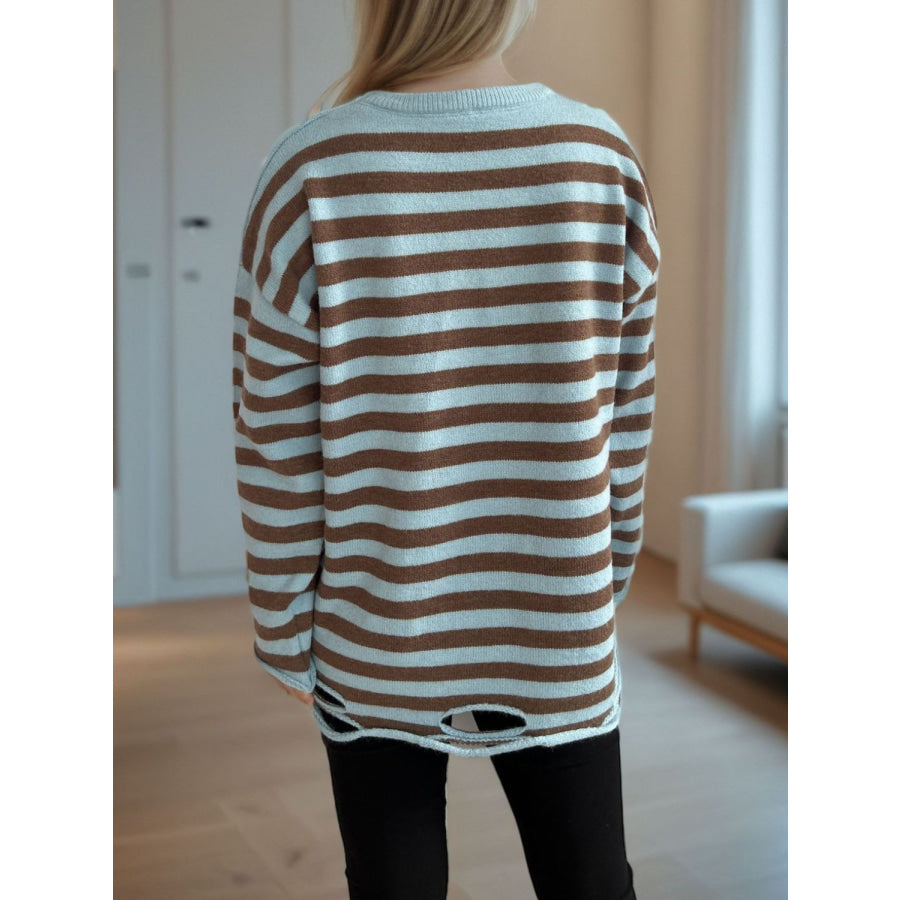 Distressed Striped Round Neck Long Sleeve Sweater Apparel and Accessories