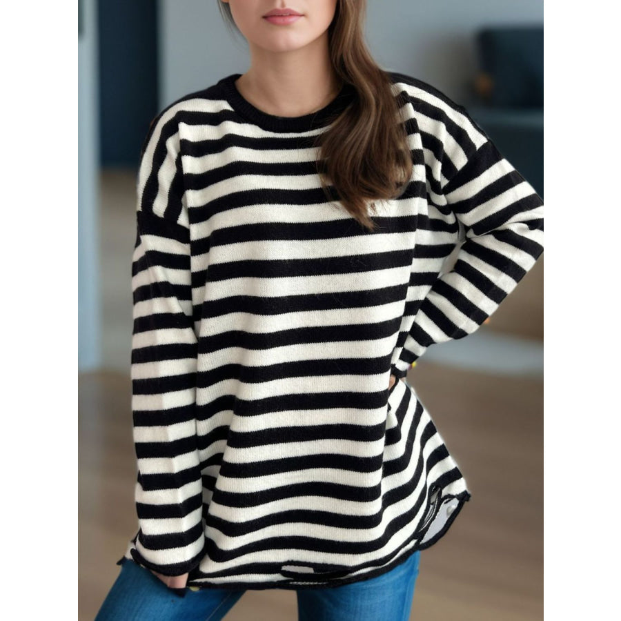 Distressed Striped Round Neck Long Sleeve Sweater Apparel and Accessories