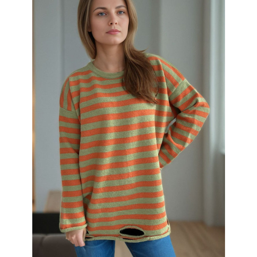 Distressed Striped Round Neck Long Sleeve Sweater Apparel and Accessories