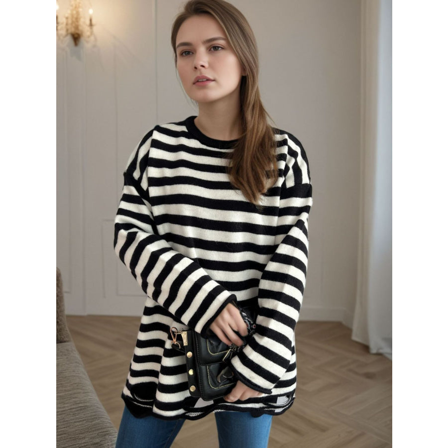 Distressed Striped Round Neck Long Sleeve Sweater Apparel and Accessories