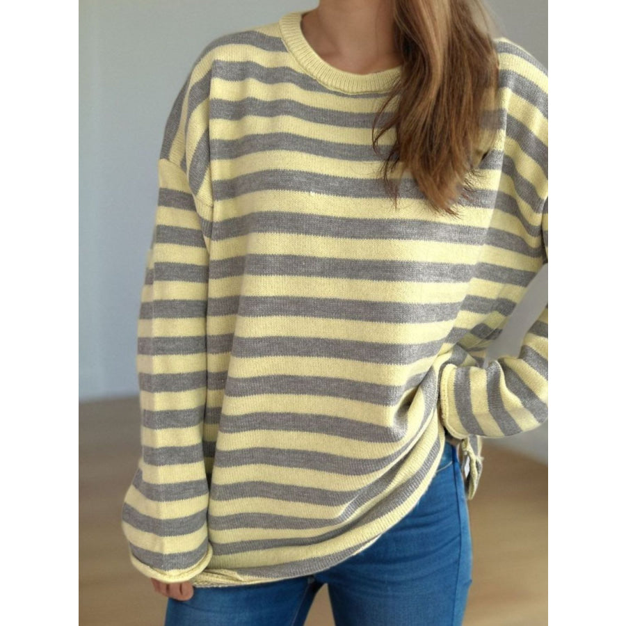 Distressed Striped Round Neck Long Sleeve Sweater Apparel and Accessories