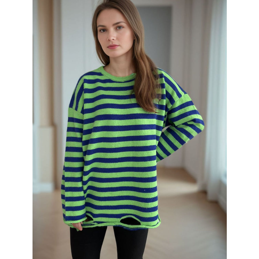 Distressed Striped Round Neck Long Sleeve Sweater Apparel and Accessories