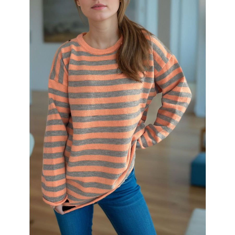 Distressed Striped Round Neck Long Sleeve Sweater Apparel and Accessories