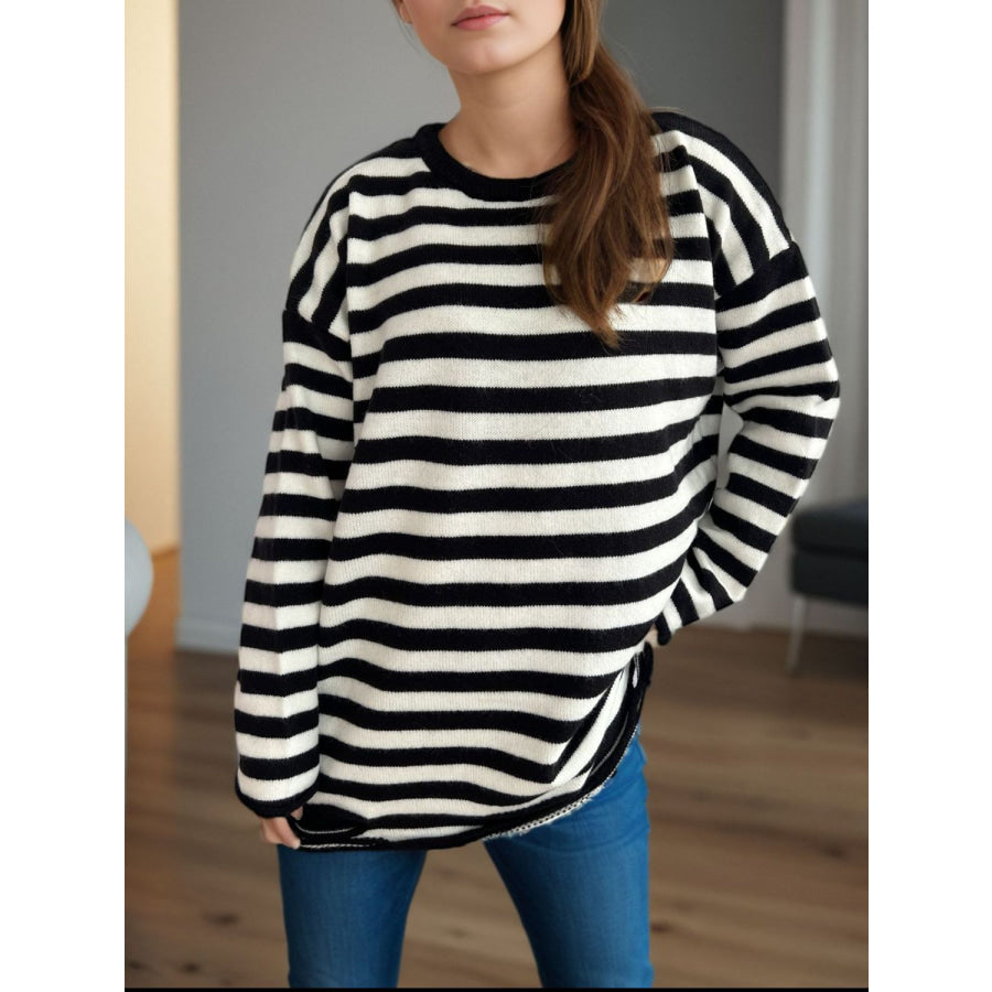 Distressed Striped Round Neck Long Sleeve Sweater Black / One Size Apparel and Accessories