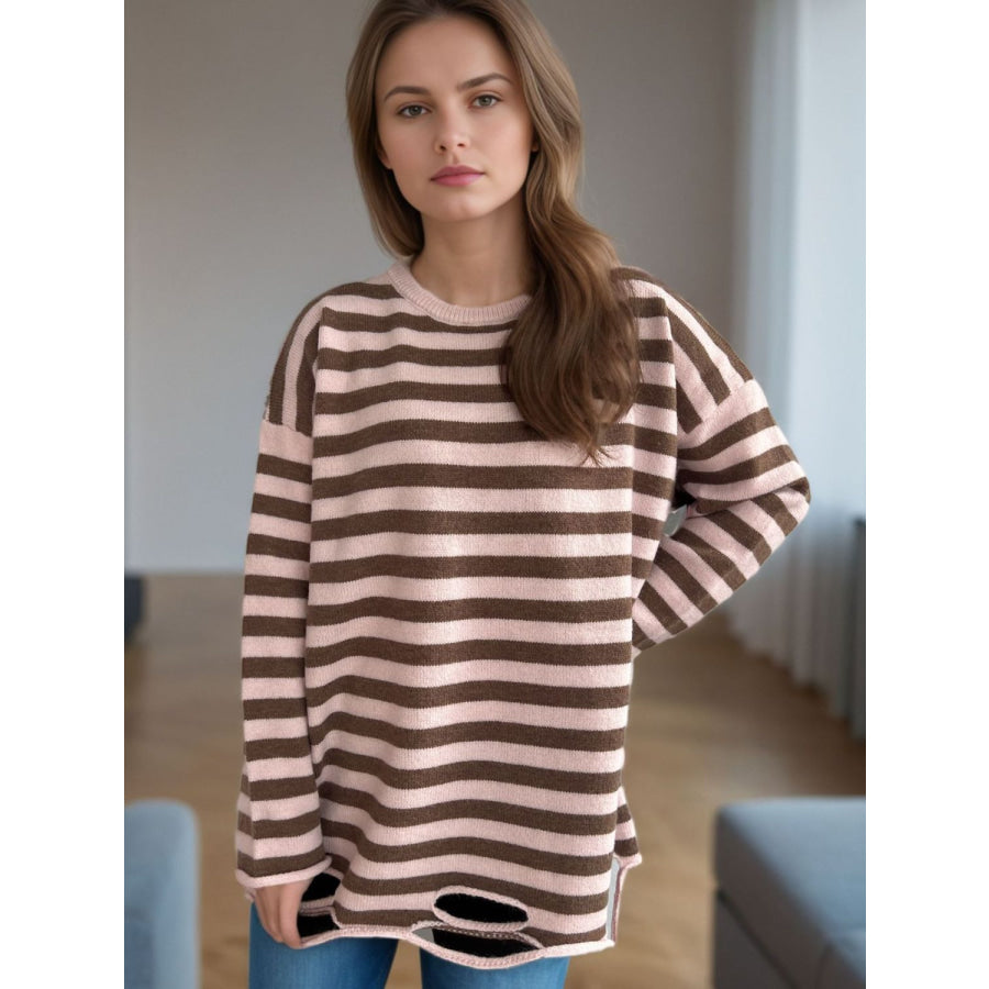 Distressed Striped Round Neck Long Sleeve Sweater Dusty Pink / One Size Apparel and Accessories