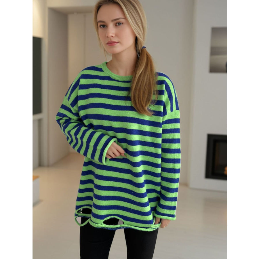 Distressed Striped Round Neck Long Sleeve Sweater Green / One Size Apparel and Accessories