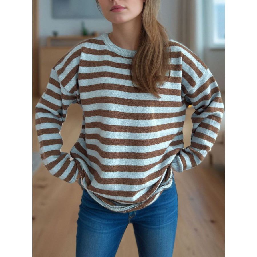 Distressed Striped Round Neck Long Sleeve Sweater Light Blue / One Size Apparel and Accessories