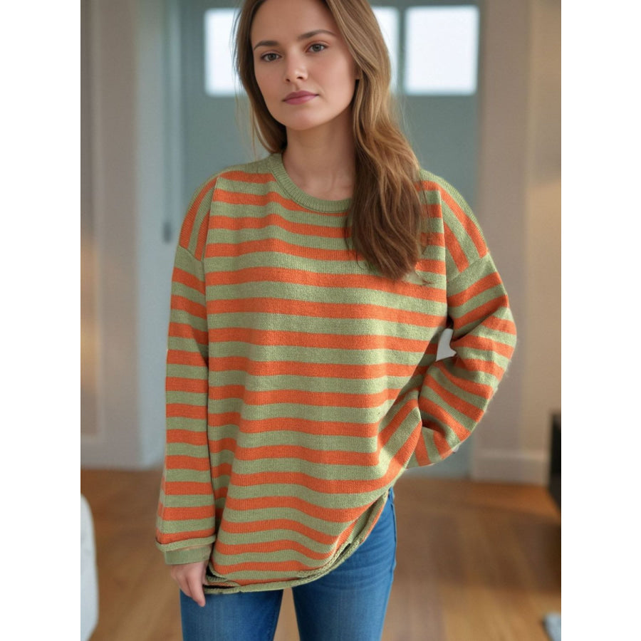 Distressed Striped Round Neck Long Sleeve Sweater Orange / One Size Apparel and Accessories