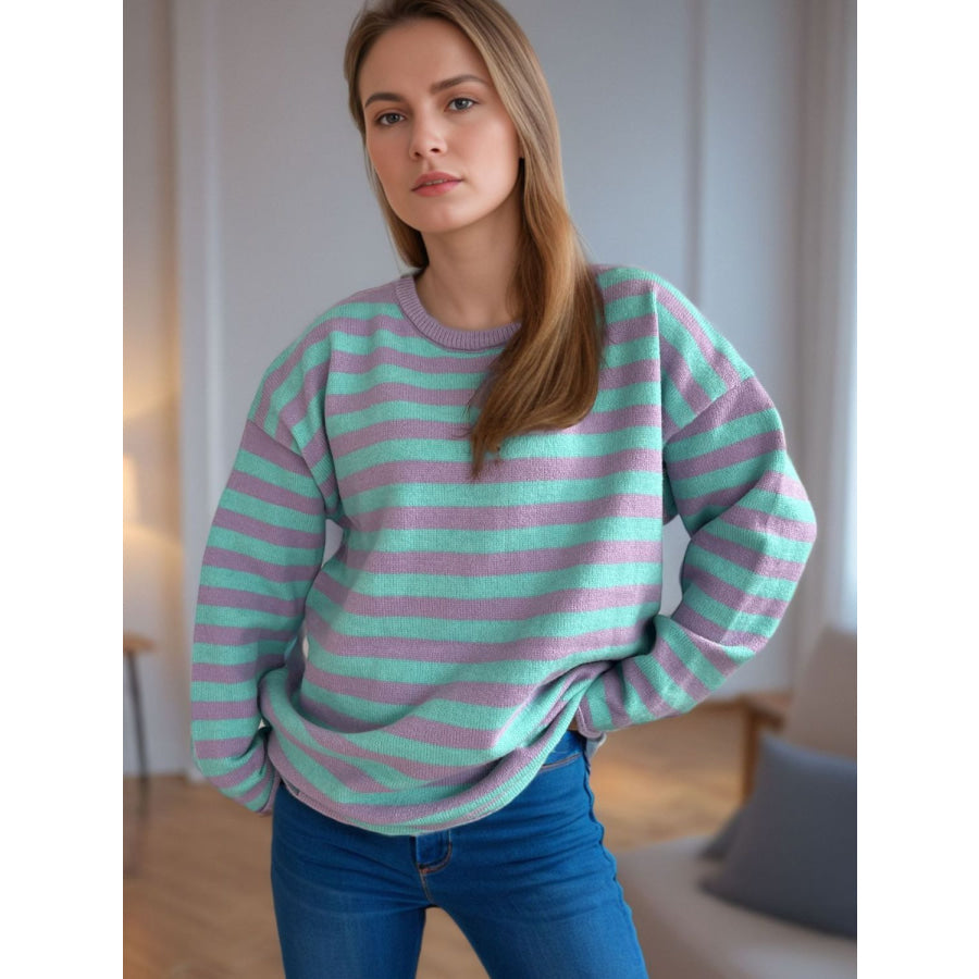 Distressed Striped Round Neck Long Sleeve Sweater Pastel Blue / One Size Apparel and Accessories