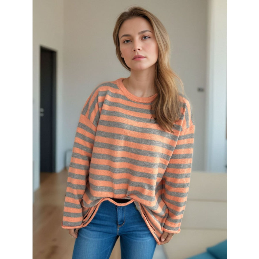 Distressed Striped Round Neck Long Sleeve Sweater Tangerine / One Size Apparel and Accessories