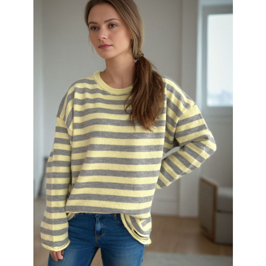 Distressed Striped Round Neck Long Sleeve Sweater Yellow / One Size Apparel and Accessories