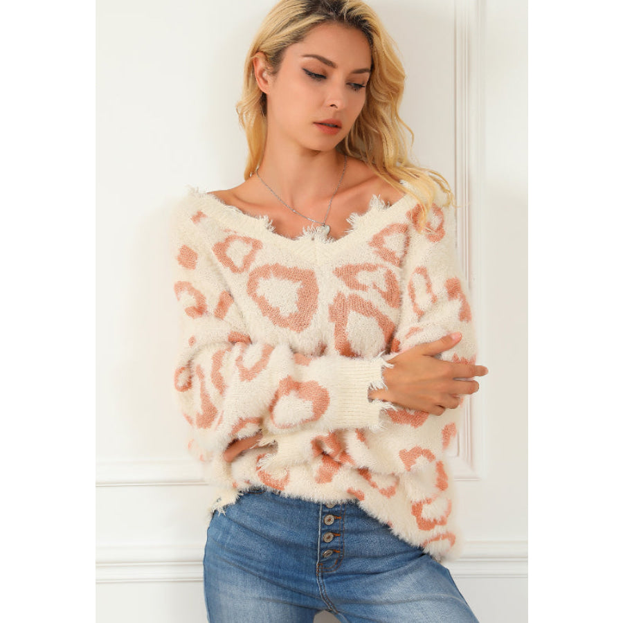 Distressed Trim Leopard V-Neck Sweater Eggshell / S Apparel and Accessories