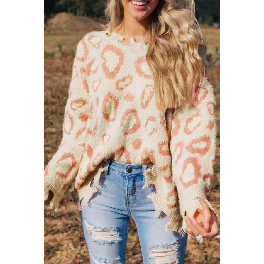 Distressed Trim Leopard V-Neck Sweater Apparel and Accessories