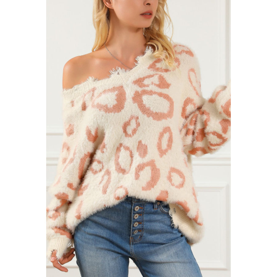 Distressed Trim Leopard V-Neck Sweater Eggshell / S Apparel and Accessories