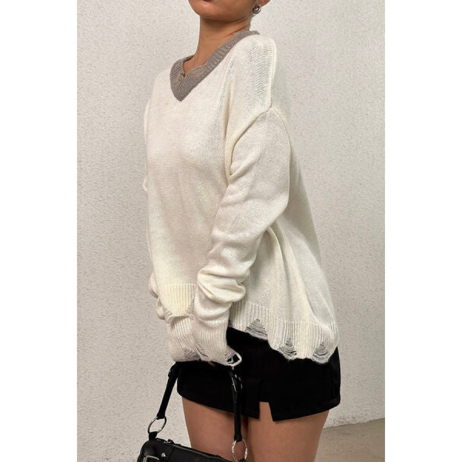 Distressed V-Neck Dropped Shoulder Sweater Apparel and Accessories