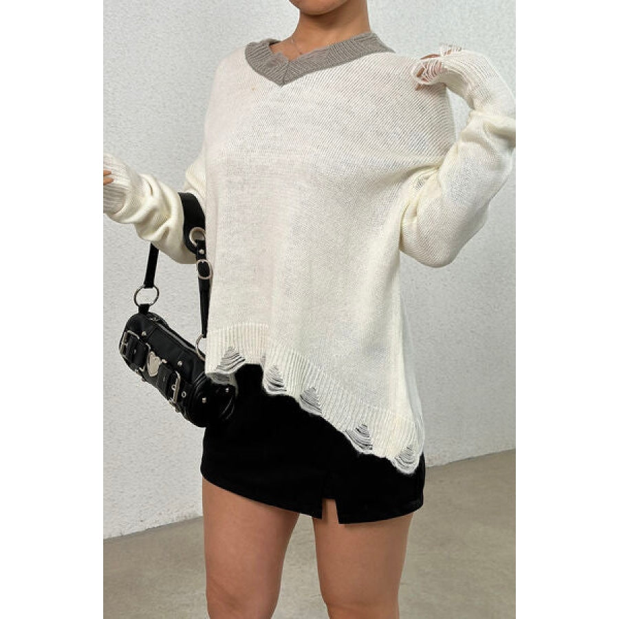 Distressed V-Neck Dropped Shoulder Sweater Apparel and Accessories