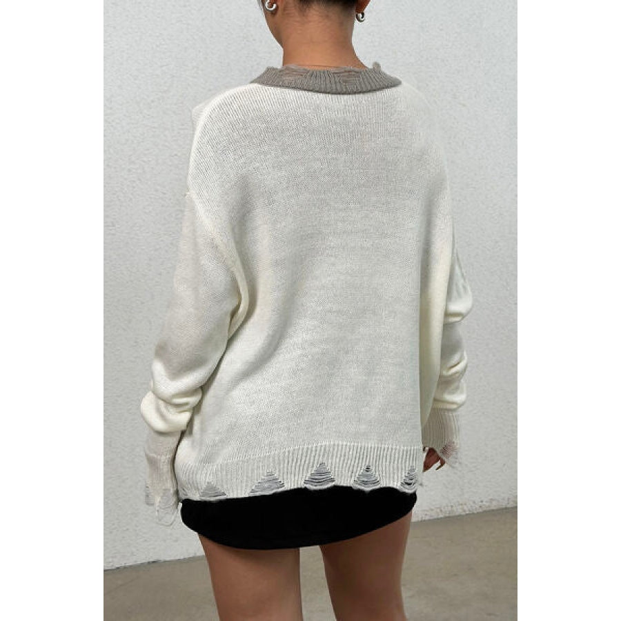 Distressed V-Neck Dropped Shoulder Sweater White / S Apparel and Accessories