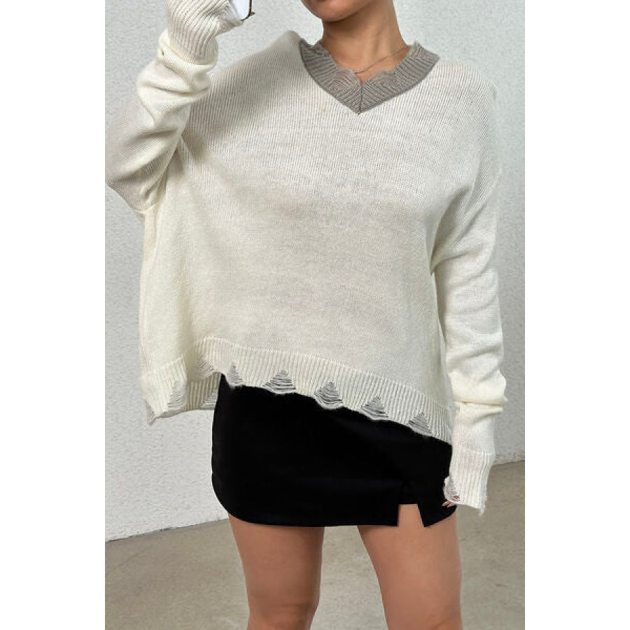 Distressed V-Neck Dropped Shoulder Sweater Apparel and Accessories