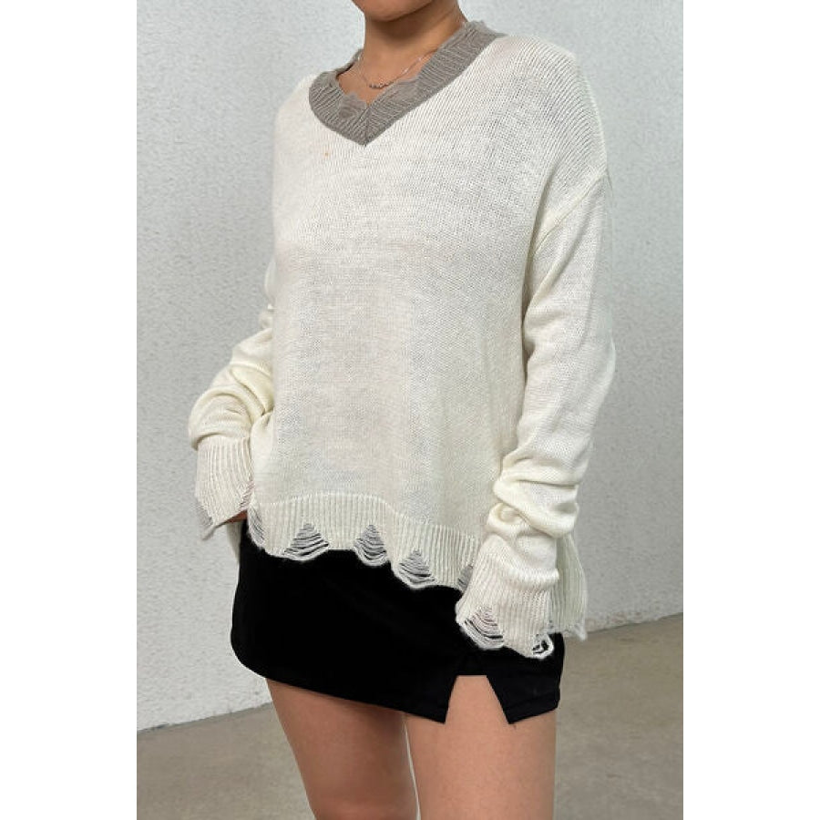 Distressed V-Neck Dropped Shoulder Sweater Apparel and Accessories