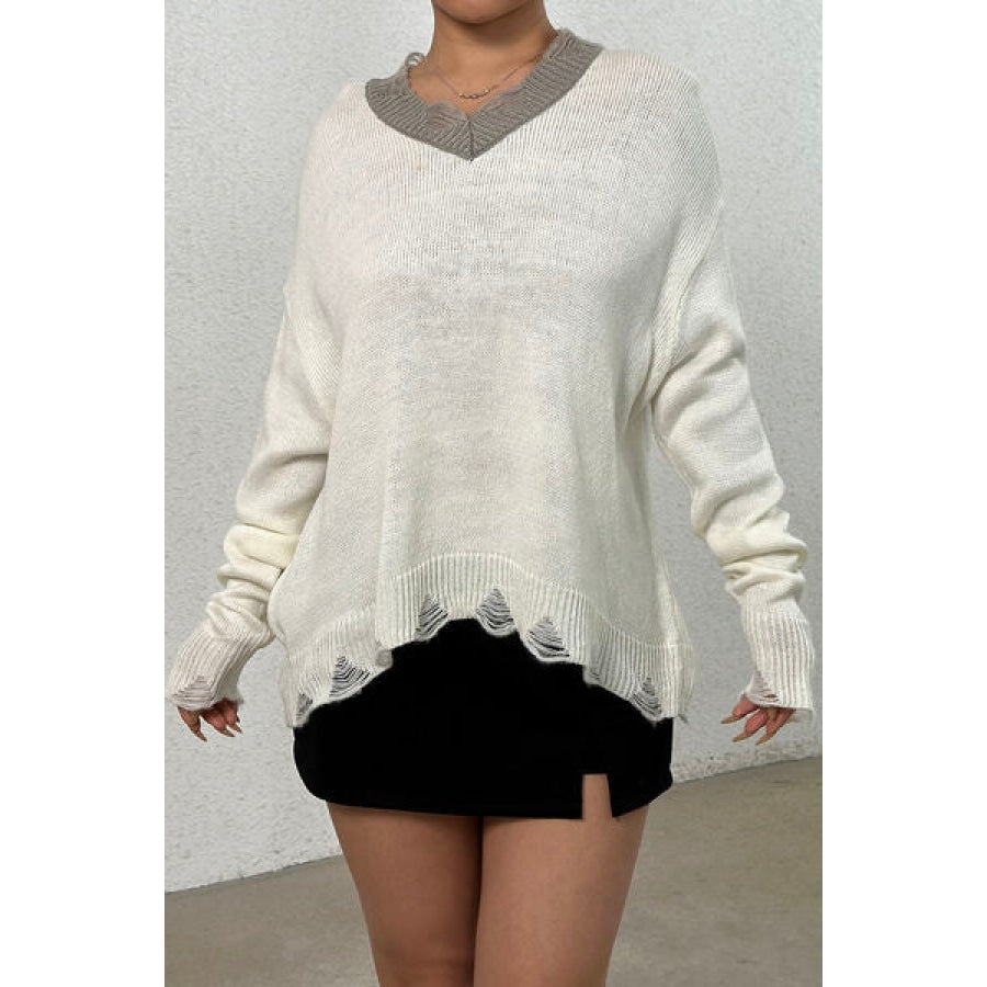 Distressed V-Neck Dropped Shoulder Sweater White / S Apparel and Accessories