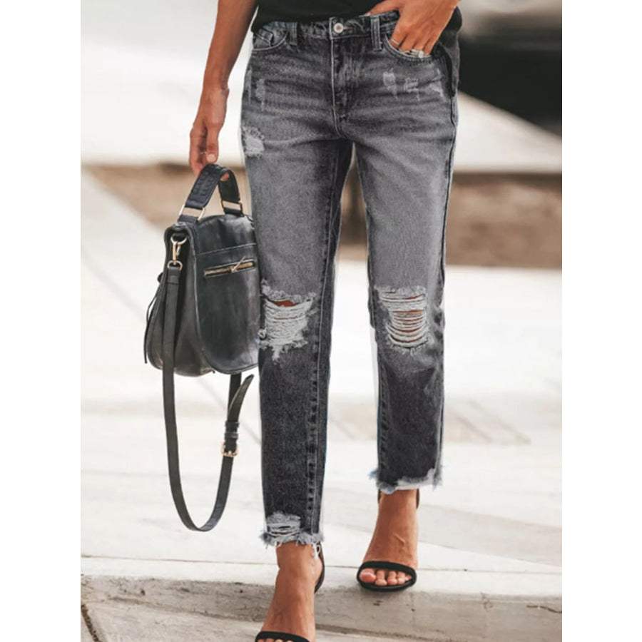 Distressed Wash Ankle Jeans Black / S Apparel and Accessories
