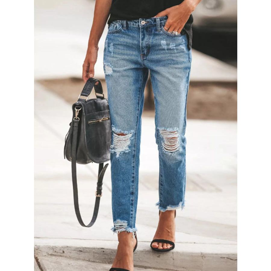 Distressed Wash Ankle Jeans Dark Blue / S Apparel and Accessories