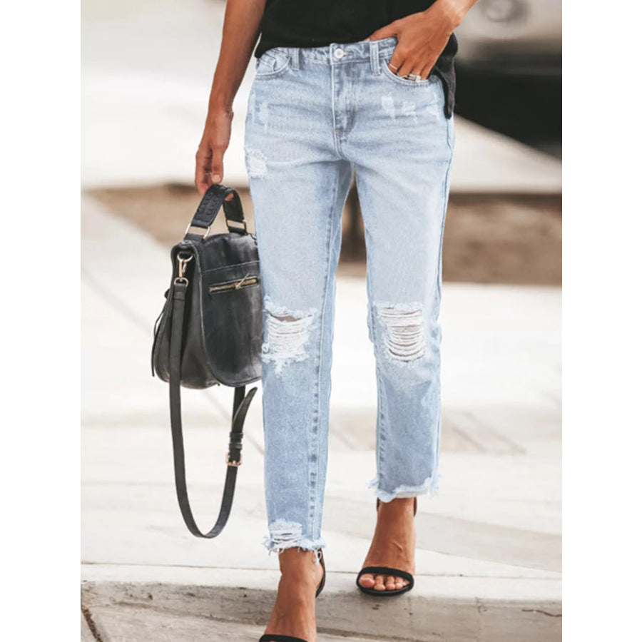 Distressed Wash Ankle Jeans Light Blue / S Apparel and Accessories