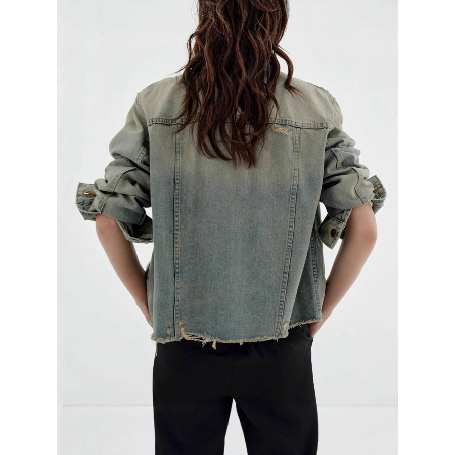 Distressed Wash Button Up Denim Jacket Apparel and Accessories