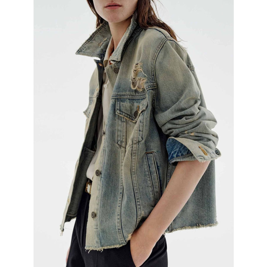 Distressed Wash Button Up Denim Jacket Apparel and Accessories