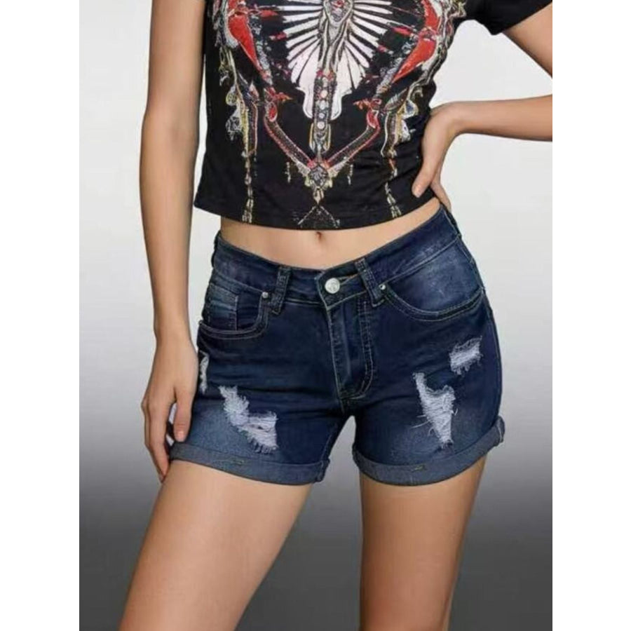 Distressed Wash Denim Shorts Dark Blue / S Apparel and Accessories