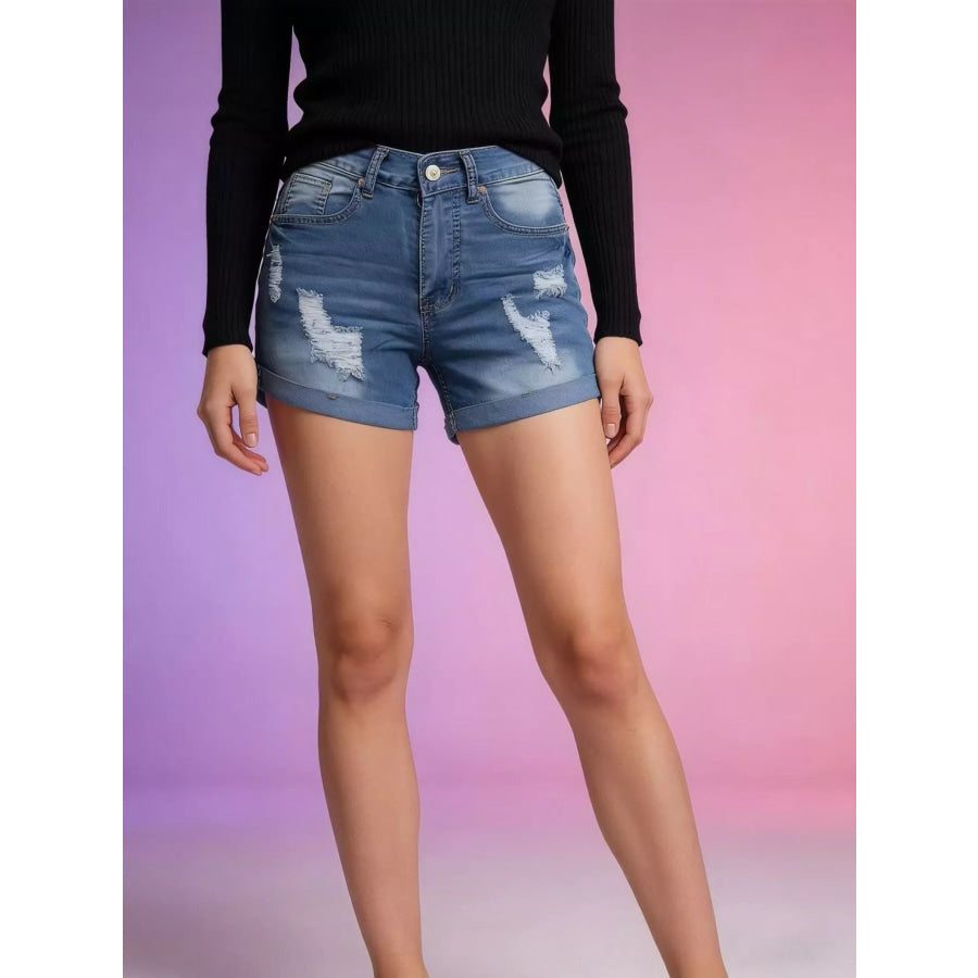 Distressed Wash Denim Shorts Light Blue / S Apparel and Accessories
