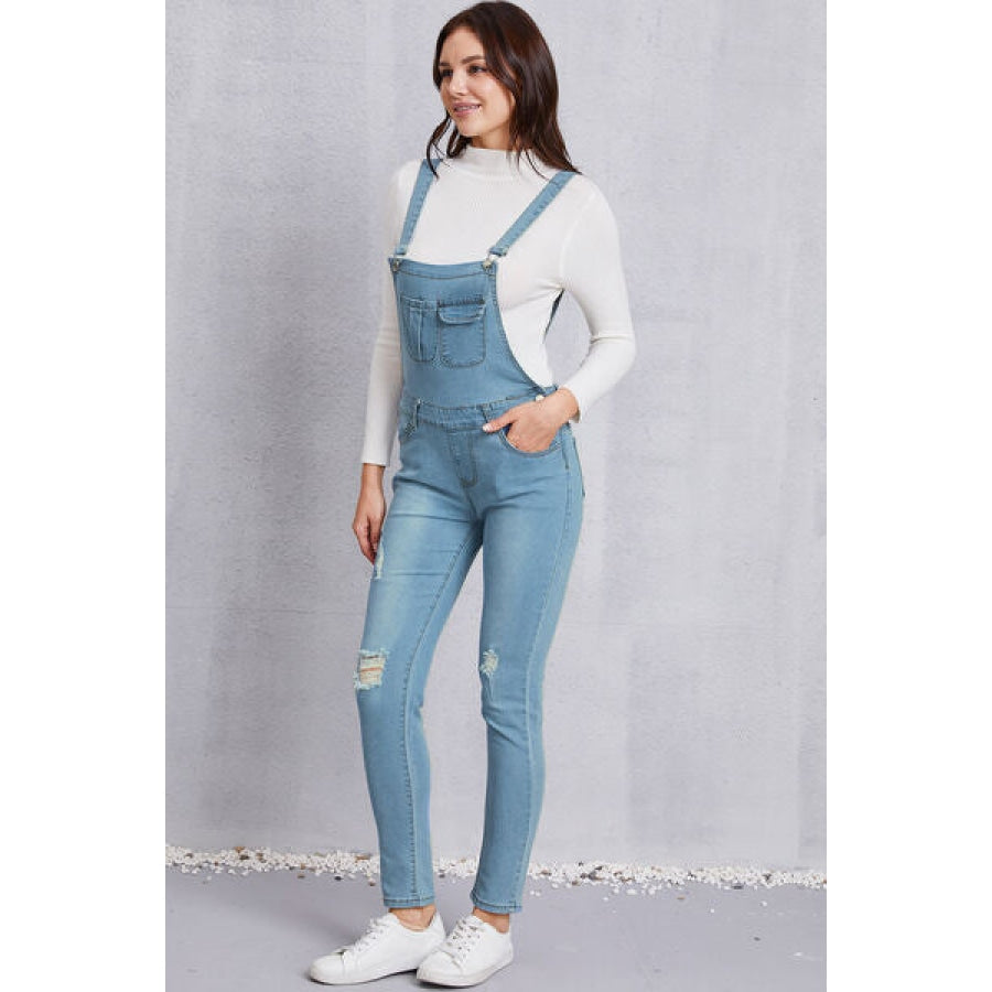 Distressed Washed Denim Overalls with Pockets Clothing