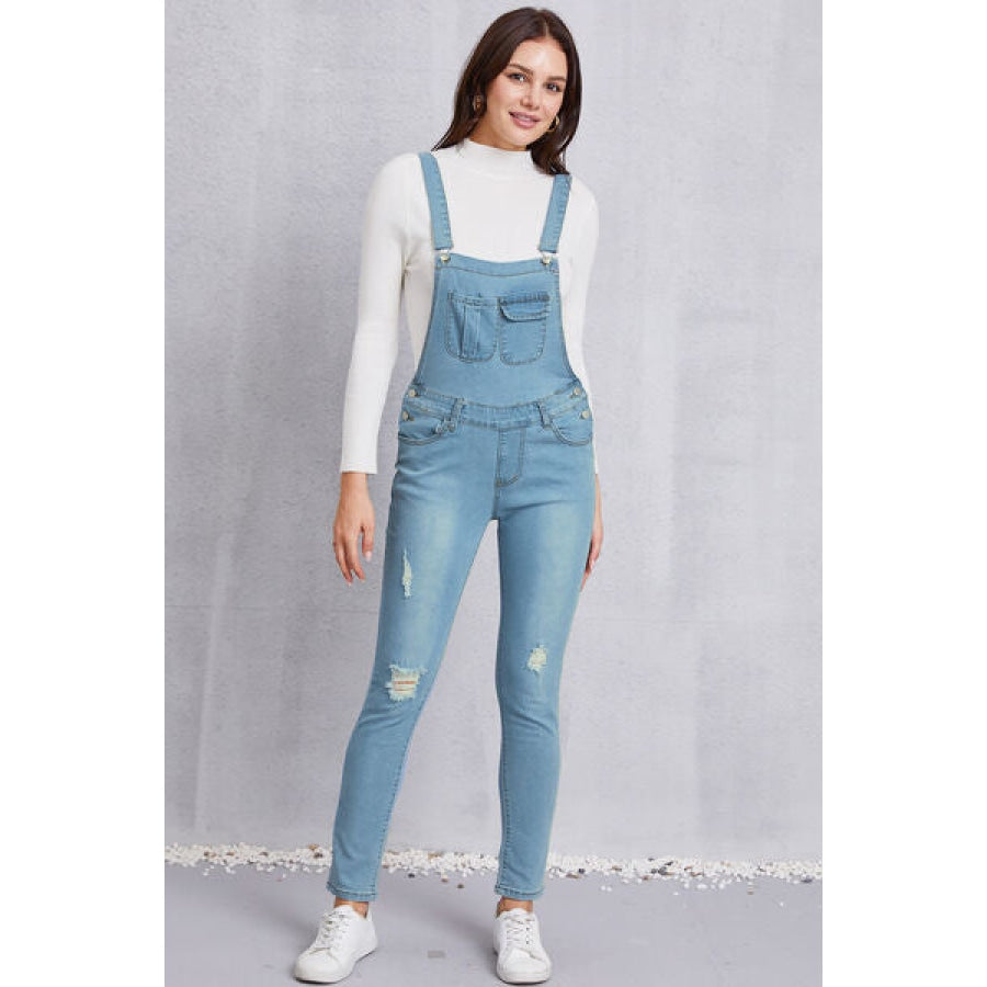 Distressed Washed Denim Overalls with Pockets Clothing