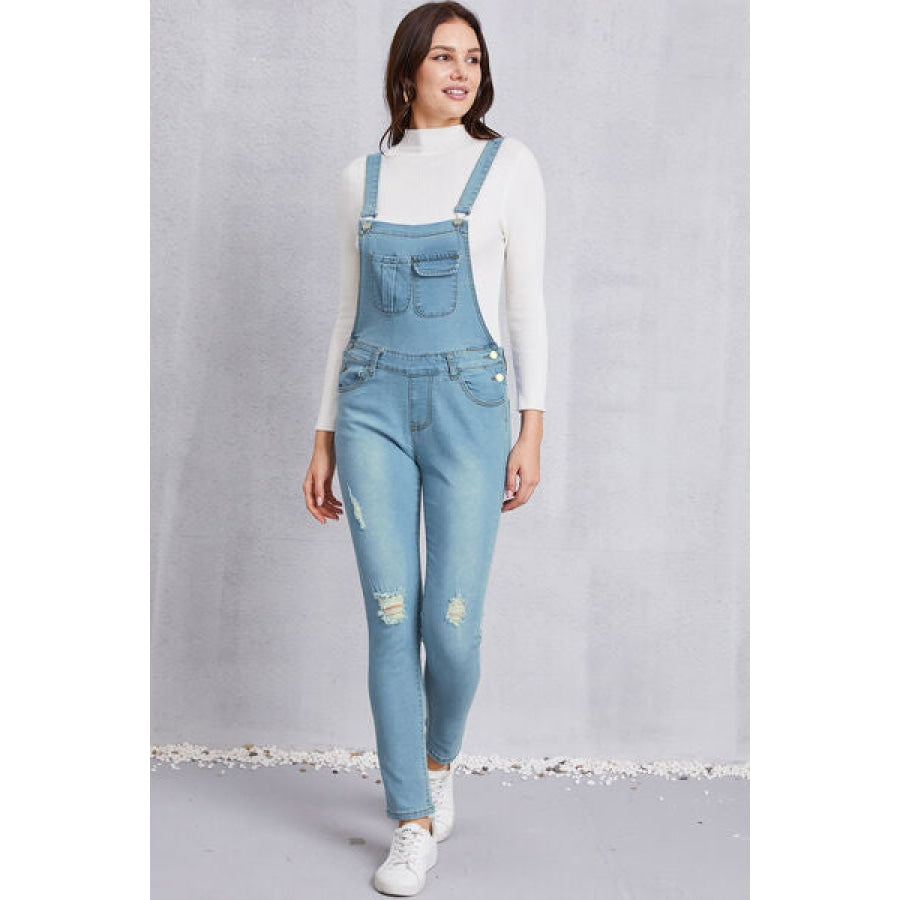 Distressed Washed Denim Overalls with Pockets Clothing