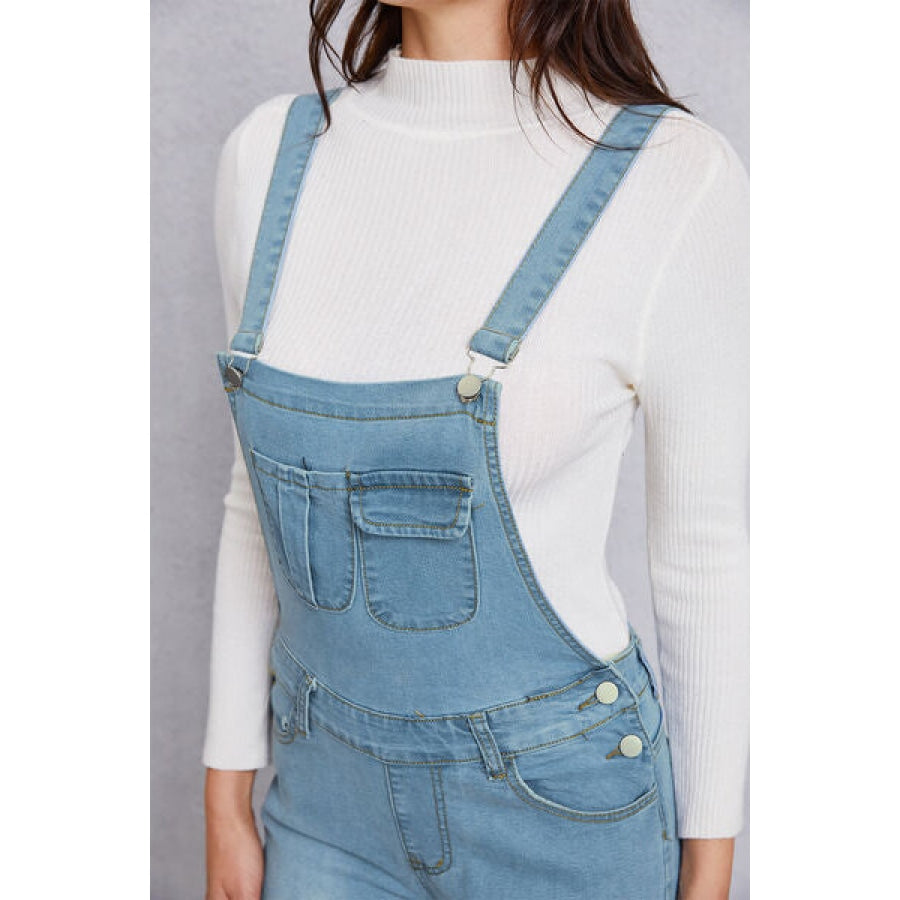 Distressed Washed Denim Overalls with Pockets Clothing