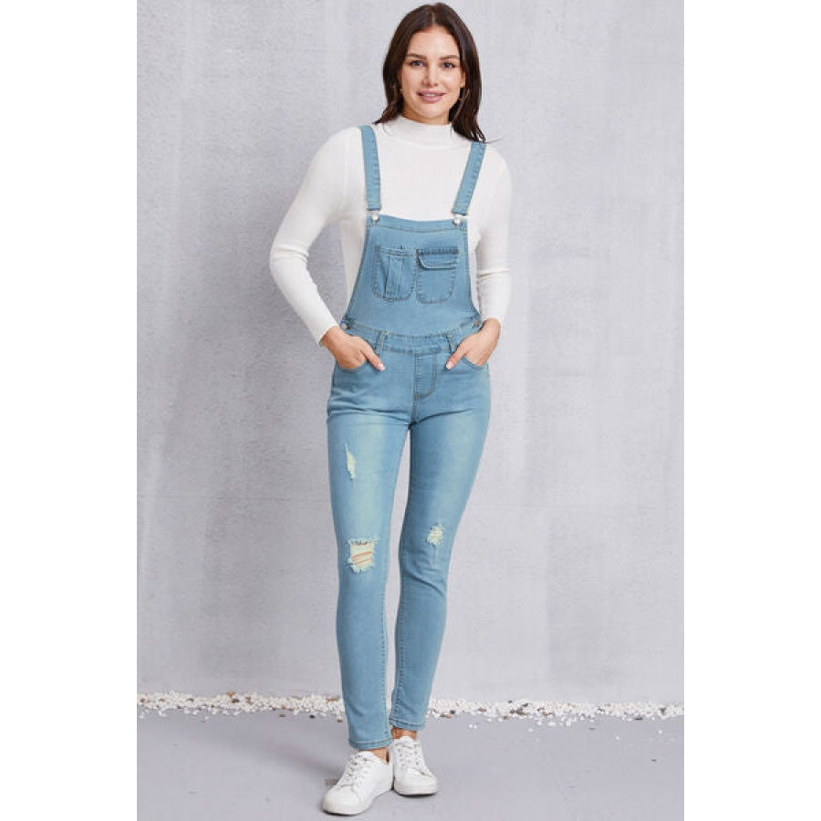 Distressed Washed Denim Overalls with Pockets Light / S Clothing